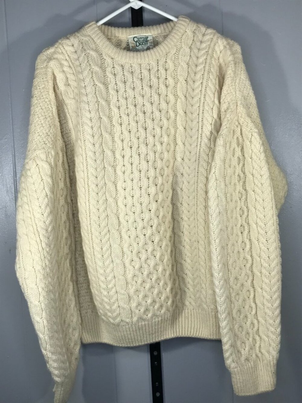 Vintage Carraig Donn Aran Cable Knit Wool Sweater Men XL Cream Ireland Fisherman
